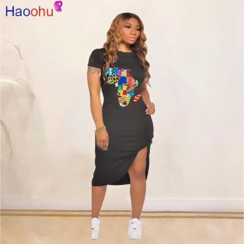 HAOOHU women Africa map print short sleeve o-neck bodycon midi maxi long dress beach fashion dresses