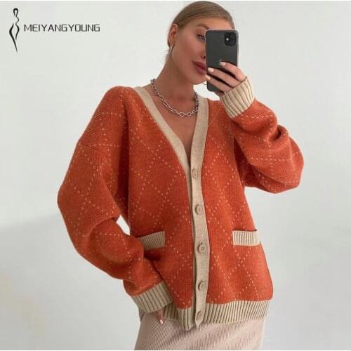 MEIYANGYOUNG Knitted Cardigan Women Long Sleeve Casual V-neck Cashmere Argyle Sweater Jumper Oversized Female Pocket Jackect Top