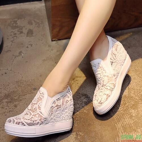 Fashion Lace Pink White Sneaker Brethable Summer Sneakers For Women Casual Shoes Hidden Heel Wedge Platform Vulcanize Shoe Woman