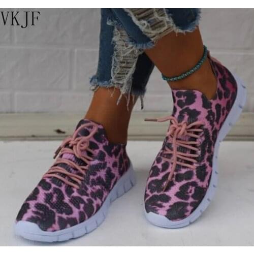 Woman Sneakers Knitting Large Size Female Vulcanized Shoes Breathable Running Shoe Women Casual Flats Leopard European Style