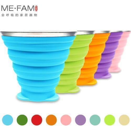 ME.FAM 270ml Stainless Steel Silicone Folding Cup With Lanyard / Dustproof Cover Lid Outdoor Coffee Cups Retractable Travel Copa