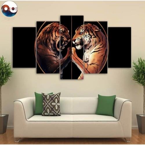 Peace Black by JoJoesArt HD print 5 piece canvas art 2 Tigers Painting-Poster Wall Pictures For Living Room With Frame CU-3278C