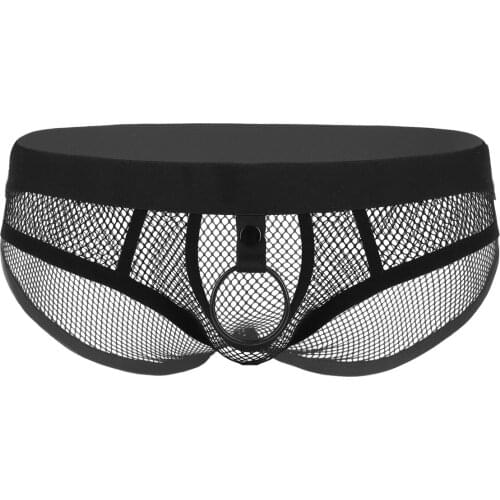 Mens Low Rise Elastic Waist Open Bulge Pouch Bikini Underpants With Metal O-ring See Through Fishnet Lingerie Briefs Underwear