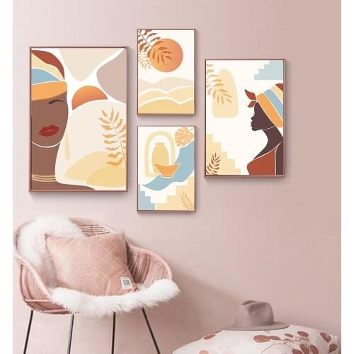 Boho Wall Art Abstract Girl Sun Leaf Geometric Canvas Painting Vase Bowl Posters and Prints Line Landscape Pictures Home Decor