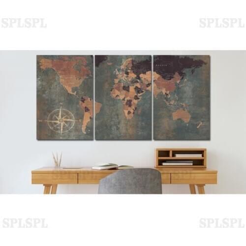 Wall No Framed Vintage World Map (3 Parts) Green English Texts World Maps Print On Canvas Paintings Triptych Photo On Canvas