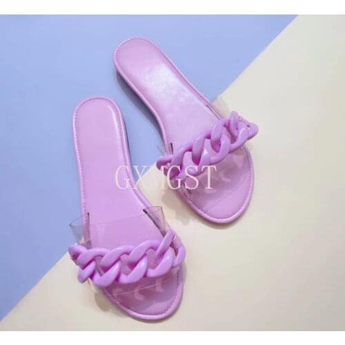 2021 New Sandals Fashion Big Chain Decorative Vamp Color Cute Cool Slippers European and American Flat Bottom Slippers