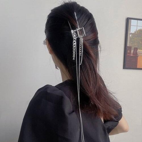 Origin Summer Fashion Chunky Chain Long Tassel Shark Hair Clamps for Women Girls Unusual Metallic Geometric Hair Claw Hairwear