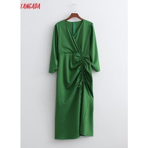 Tangada 2021 Autumn Fashion Women Green Pleated Dress V Neck Long Sleeve Office Ladies Midi Dress 1D400