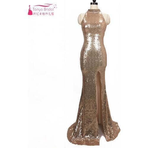 Gold Sequined Mermaid Bridesmaid Dresses special Cut Backless Long Formal Gowns Side Split Wedding Guest Dress ZB028