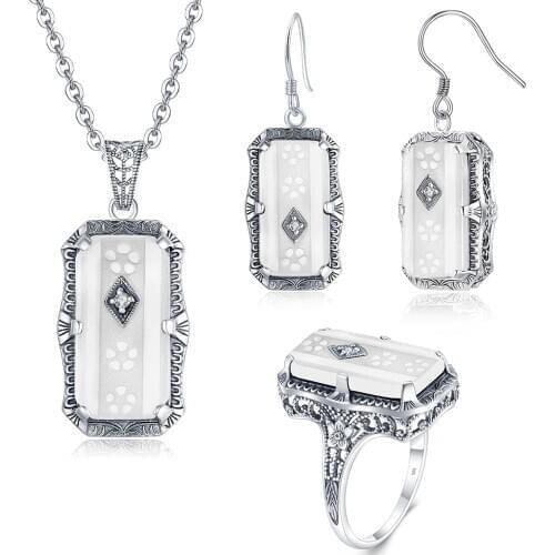 Szjinao Women Turkish Silver 925 Jewelry Set Real 925 Sterling Silver Undefined White Agate Pendant Earrings Ring Set Jewellery