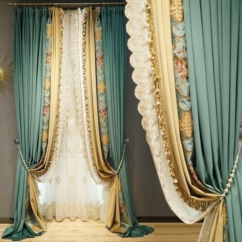 European style atmosphere villa velvet curtain green American style light luxury bedroom living room French window embroidery