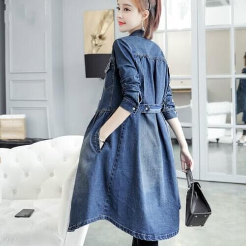 2020 Spring Autumn Casual Denim Trench Womens Long Sleeve Solid Slim Single Breasted A-Line Denim Trench Coat Blusão Feminino