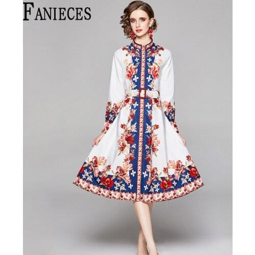 2021 Spring Summer Autumn Fashion Runway A-Line Shirt Dress Womens Long Sleeve Casual Floral Stripe Print Midi Elegant Dresses