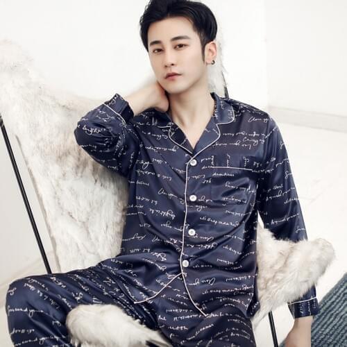 25 color Satin Mens Pajamas Sleep Wear Sleepwear Men Nightwear Long Sleeve Printed Clothing Sleep Tops Long Pant Silk Pajama Set