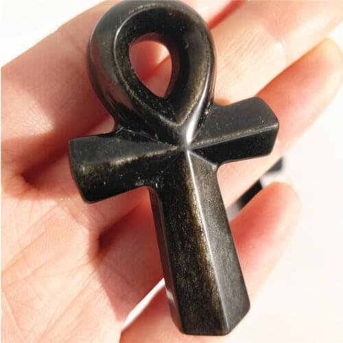 5.5cm Natural black Golden obsidian crystal stone Egyptian Cross womens symbolic point healing reiki for gifts