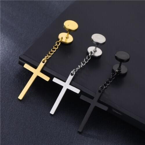 1pc Unisex Fashion Hot Sold Punk Religious Cross Dangle Ear Plugs Titanium Steel Black Gold Long Earrings Men Women
