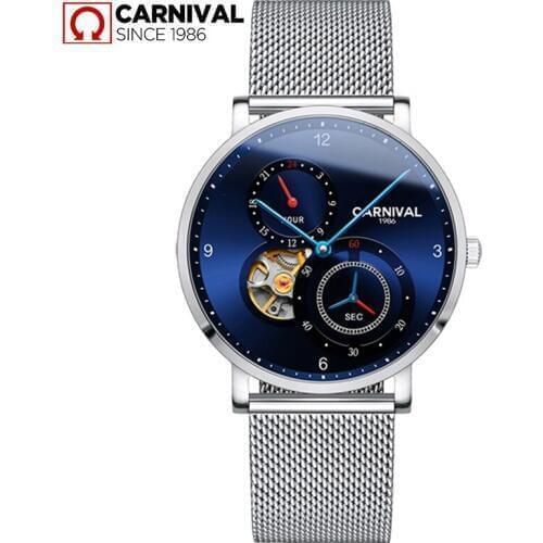 CARNIVAL Automatic Watch Blue dial Silver mesh belt Small second dial 24 hours display Fashion Mechanical Watches Montre homme