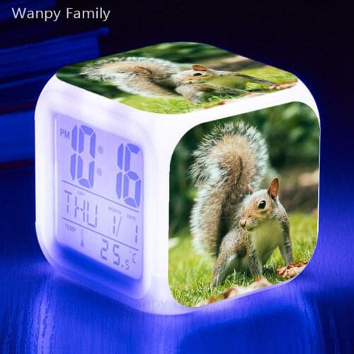 Very cute squirrel alarm clock 7 color luminous LED digital clock childrens room multifunctional electronic watch birthday gift