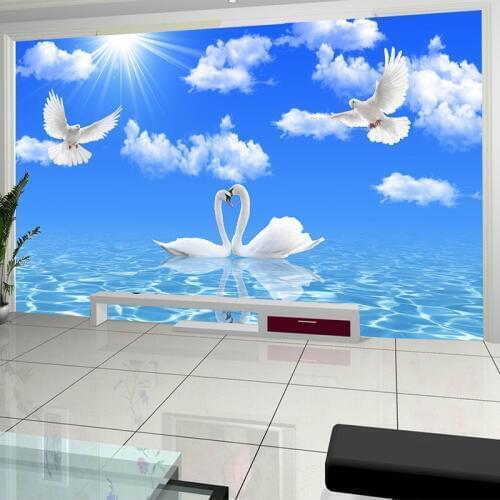 Blue Sky And White Clouds Photo Wallpaper 3D Stereo White Swan River Mural Living Room Bedroom Theme Hotel Non-Woven Wall Papers