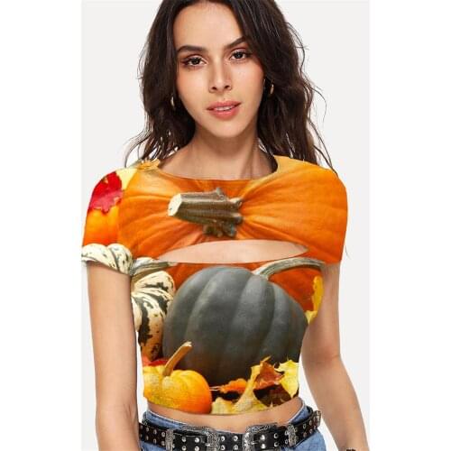 Somepet Pumpkin T-shirt Women Halloween Hollow Out T shirts Corn T-shirts 3d Novel Navel Bare Womens Clothing Sexy Fashion Slim