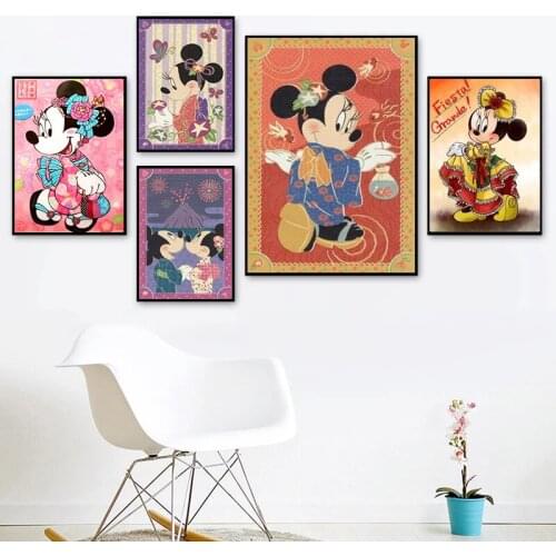 Disney Anime Cartoon Mickey Minnie In A Kimono Canvas Painting Prints and Posters Wall Art Pictures for Kids Room Decor Painting