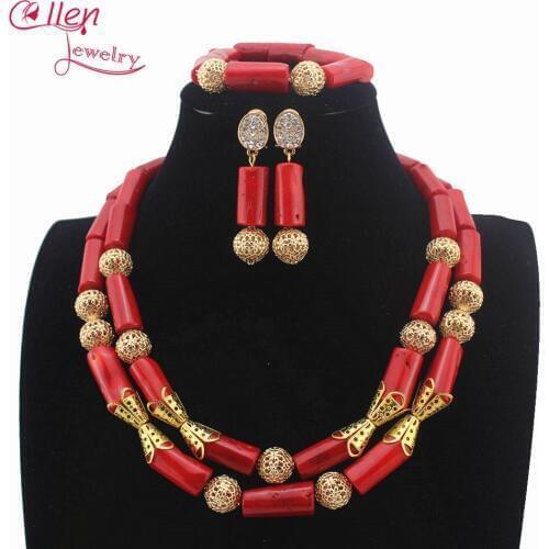 Red Nigerian Wedding Coral Beads necklace jewelry Set Traditional Indian beaded Necklace Set afrcian beads jewelry sets W13725