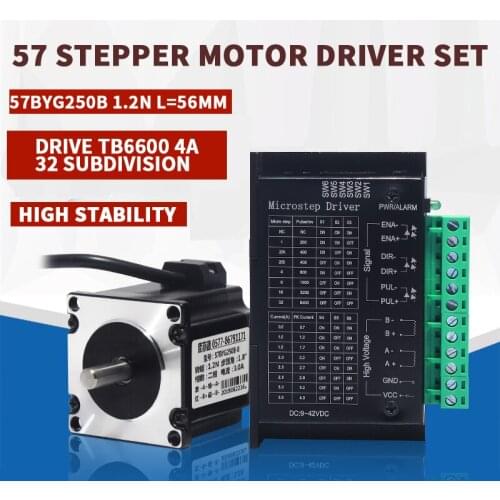 57 stepper motor set 57BYG250B torque 1.2N.M long 56MM + driver TB6600 4A 32 subdivision for CNC Kit Engraving Milling Machine