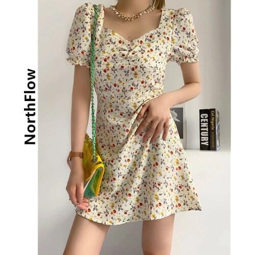 Northflow Women Dress Print Floral Square Collar Mini De Fiesta Party Dress Vestidos Robe Femme