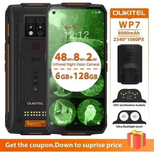 OUKITEL WP7 Mobile Phone 6GB+128GB 6.53'' IP68 Waterproof Rugged Smartphone Infrared Night Vision 8000mAh 48MP Triple Cameras