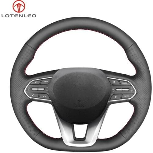 LQTENLEO Black Genuine Leather Hand-stitched Car Steering Wheel Cover For Hyundai Santa Fe 2019-2020 Palisade 2020