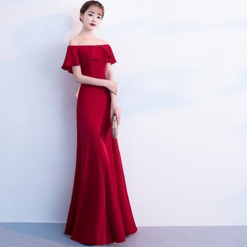 Simple Off The Shoulder Evening Dresses Floor Length Burgundy Evening Party Dresses Mermaid Style Ruffles Neckline Evening Gown