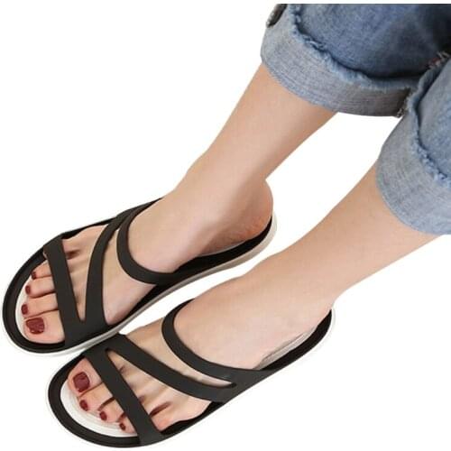 Women Summer Open Toe Anti-Skid Slippers Hollow Out Cross Strappy Flat Slide Shoes Waterproof Slip-On Beach Sandals H9ED
