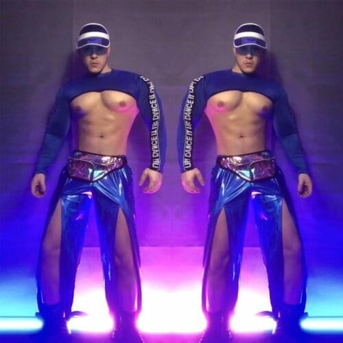 Sexy MenS Hip Hop Suits Symphony Blue Suit Cover Up Slit Sweatpants Pole Clothing Festival Clubwear Stage Gogo Costume XS2482