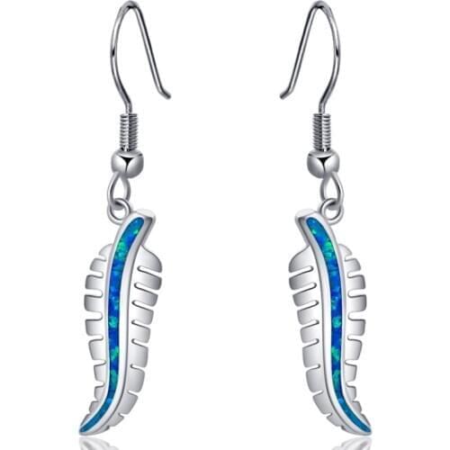 ROLILASON earrings pendant necklace Silver stamped 925 Blue leaf fire opal set for women party gift OS034