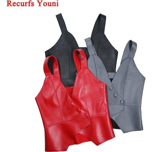 Chic Leather Sexy Sling Vest Women Harajuku V-neck Slim Sleeveless Feminial Red/Grey Real Sheekskin Cropped Top Waistcoat