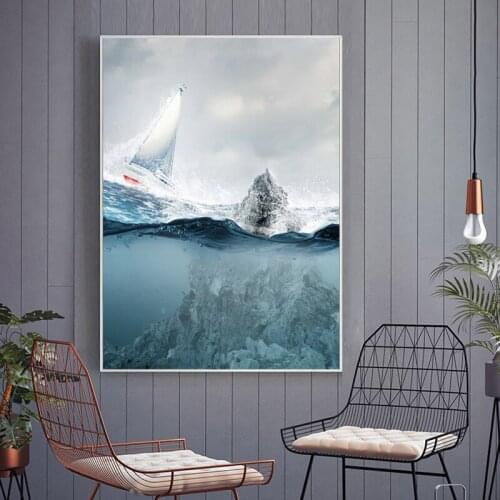 Broad Seascape Canvas Paintings Lonely Boat in Huge Waves Poster Large Size Flying Birds Print Wall Art Pictures for Living Room
