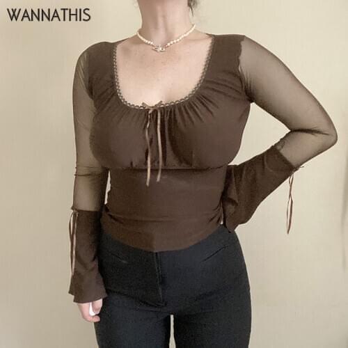WannaThis Flare Sleeve Long Sleeve T-shirt Women Slim Sexy Mesh Patchwork Transparent High Street Vintage T-shirt Casual Tops