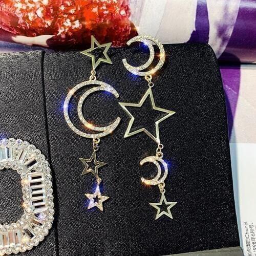 Hello Miss Asymmetrical Star Moon Long Fringe Earrings Personality Fashion Stud Earrings New Womens Earrings Jewelry