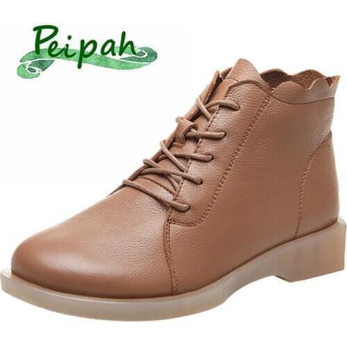 PEIPAH Genuine Leather Retro Ankle Boots for Women Winter Casual Martin Boots Female Solid Platform Western Women Warm Shoes