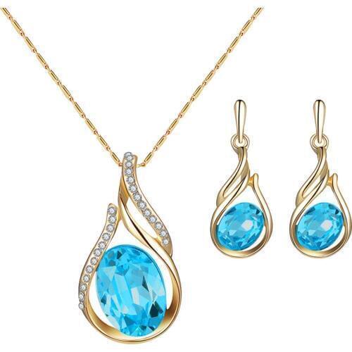 Ethiopian Women Rhinestone Oval Faux Quartz Pendant Ear Stud Earrings Necklace Jewelry Set party engagement