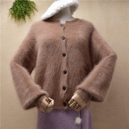 Ladies women fashion hairy plush mink cashmere knitted long lantern sleeves loose cardigans angora fur jacket coat sweater pull
