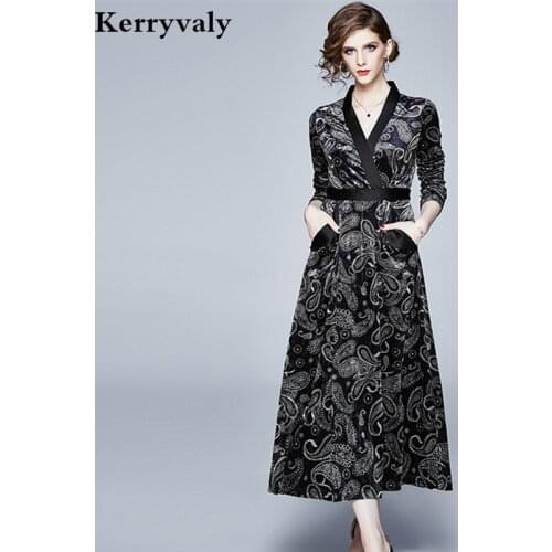 Robe Vintage Printed Velvet Black Long Sleeve Midi Dress Vestido Invierno Mujer 2021 Expandable Retro Dress Damen Kleider K9101