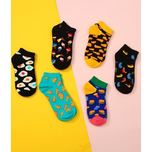 1 Pair of Summer Thin Men and Women Short Cotton Couple Boat Socks Low Cut Light Food Pizza Burger Cheese Hot Dog Ice Cream Egg