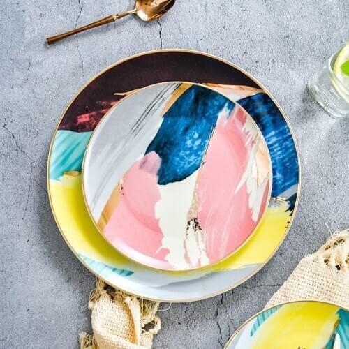 6 Pieces Dinnerware Painting Gold Inlay Colorful Cloud 8 /10 inch Ceramic Plate Dinner Porcelain Cake Snack Dessert Plate