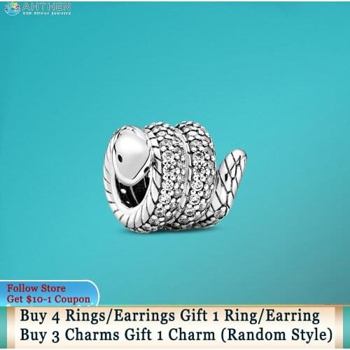 Ahthen 925 Sterling Silver Bead Sparkling Wrapped Snake fit Original Pandora Bracelets Women Jewelry Making Birthday Girl Gift