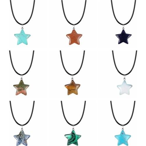 ASHMITA Natural Healing Crystal Stone Star Pendant Necklace Reiki Solar Quartz Pendants Jewelry for Womens Mens 18Inch Leather