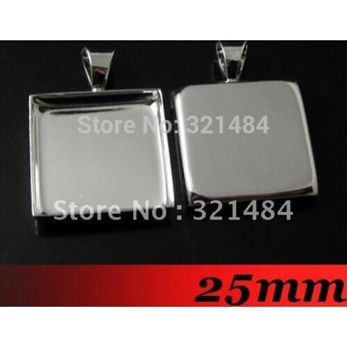 Free ship! 100piece 25mm Platinum Dull Silver Plated Metal Square Pendant blanks and base trays bezel cameo cabochon setting