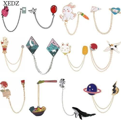 XEDZ Fashion animal balloon flying crane two petal chain enamel brooch bone palm flower noodle rabbit astronaut badge jewelry fr