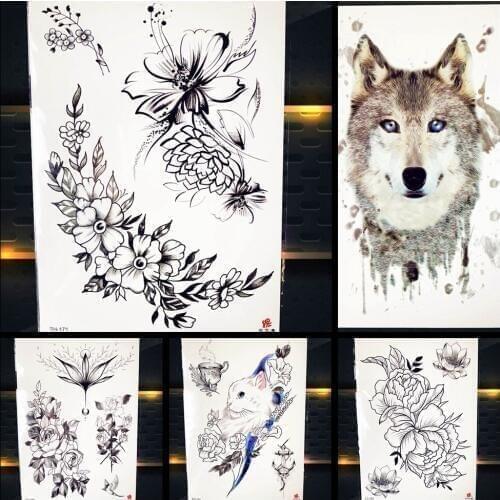 Black Bracelet Flower Temporary Tattoo Women Chest Stickers Girls Waist Fake Tatoo Body Art Painting Pencil Sketch Flower Tattoo