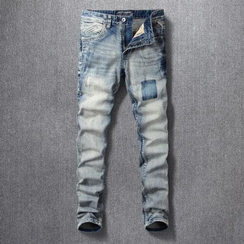 Italian Style Fashion Men Jeans Retro Gray Blue Elastic Slim Fit Ripped Jeans Men Streetwear Vintage Designer Denim Punk Pants